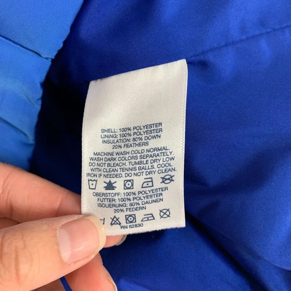 Lands End Down Puffer Vest Womens XS Extra Small Cobalt Blue Zip Up Snap Pockets
